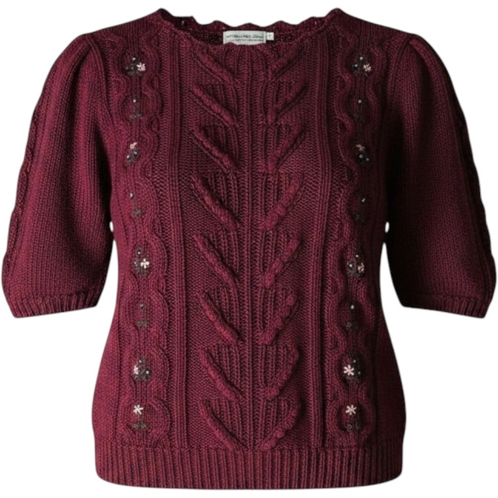 Vintage Cottagecore Grandma Burgundy Cable Knit Sweater 22 Plus Embroidery